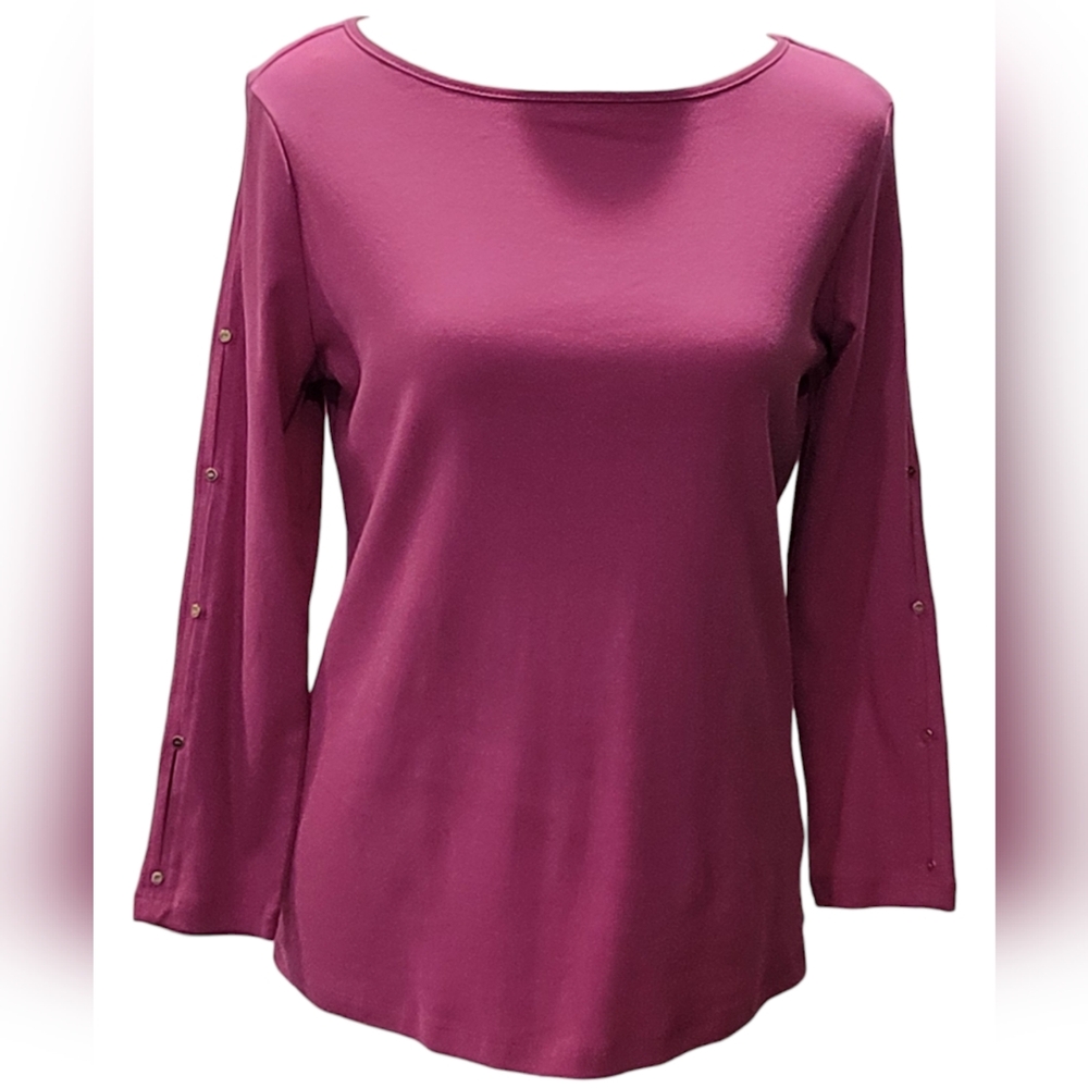 Anne Klein Long Sleeve Knit Top with Button Accents Womens Small 100% Cotton